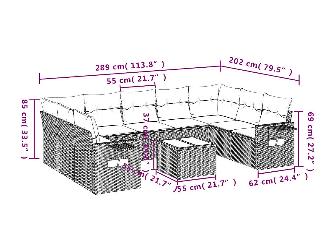 10 peças conj. sofás jardim com almofadões vime PE castanho