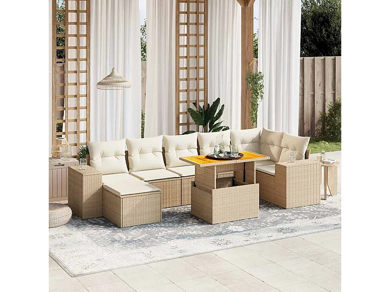 Salon de jardin avec coussins 8 pièces beige résine tressée