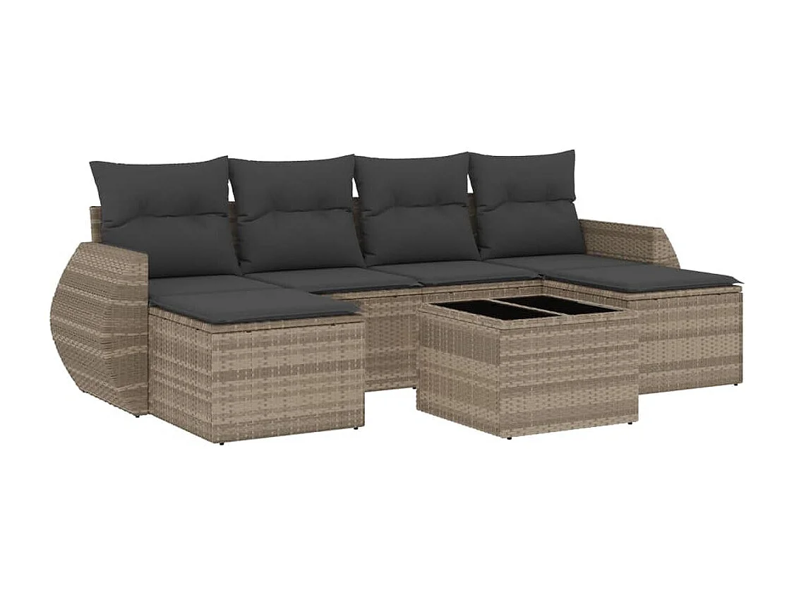7-delige Loungeset met kussens poly rattan lichtgrijs