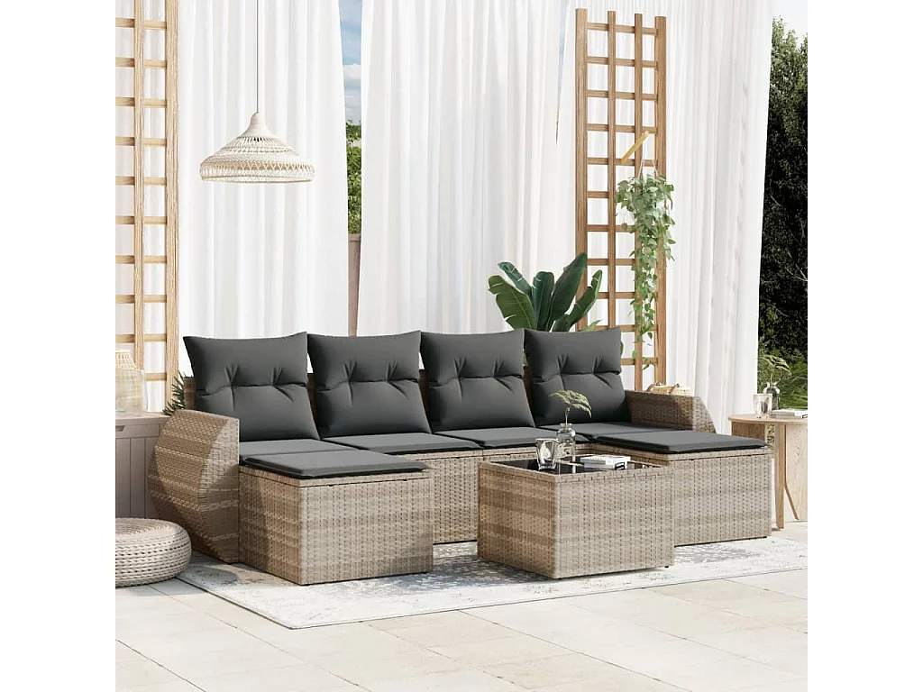 Salon de jardin avec coussins 7 pièces gris clair résine tressée