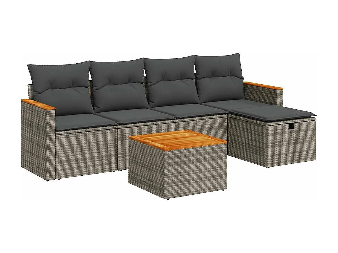 Set de muebles de jardín 6 piezas y cojines ratán sintético gris