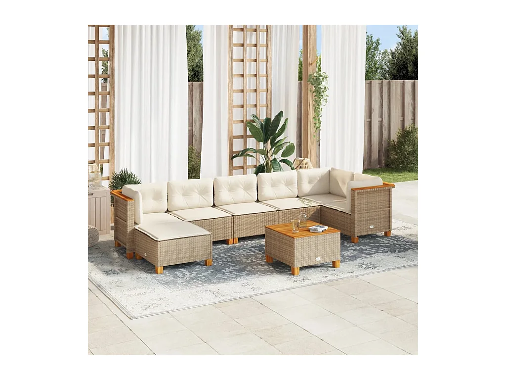 8 peças conjunto de sofás para jardim com almofadões vime PE bege