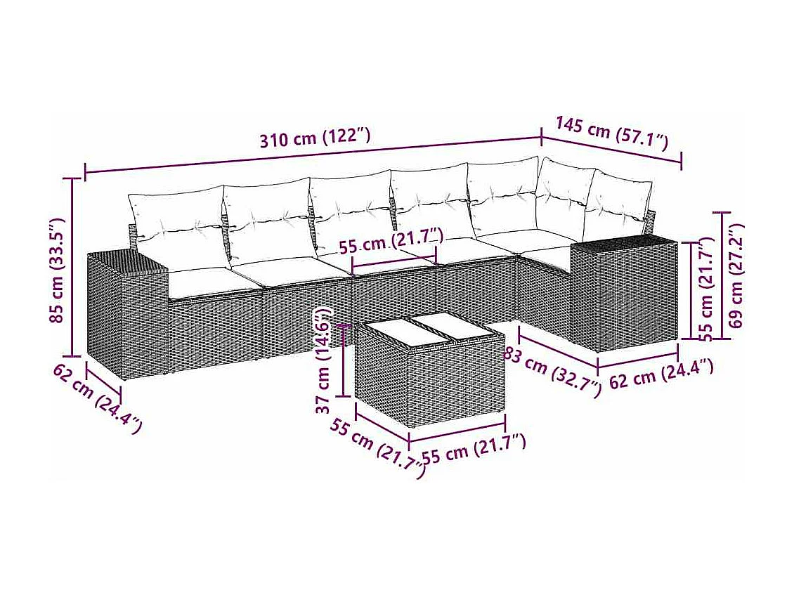 7-delige Loungeset met kussens poly rattan lichtgrijs