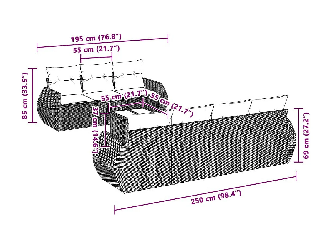 8-delige Loungeset met kussens poly rattan lichtgrijs