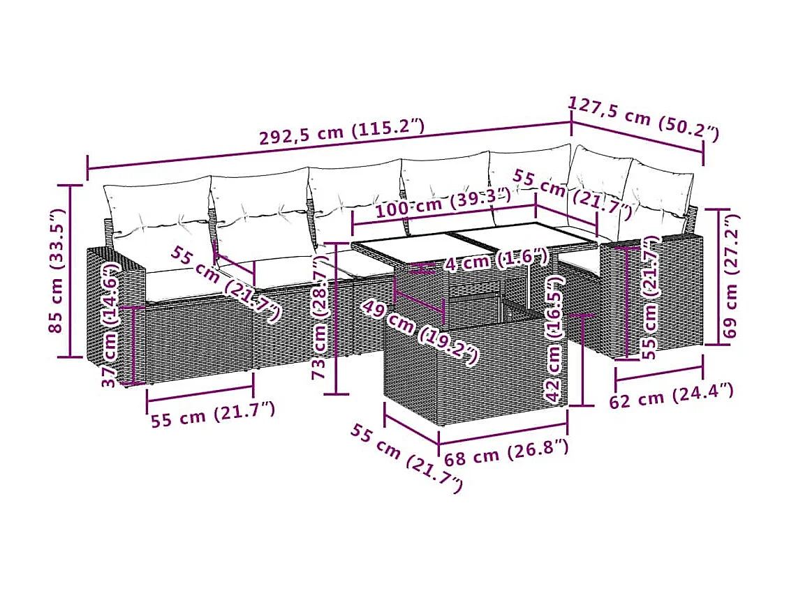Set de sofás de jardín 7 piezas con cojines ratán PE gris claro