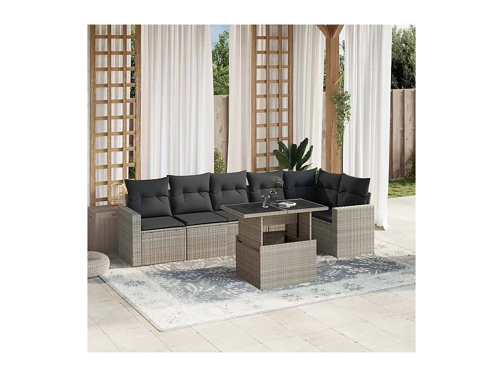 Salon de jardin avec coussins 7 pièces gris clair résine tressée