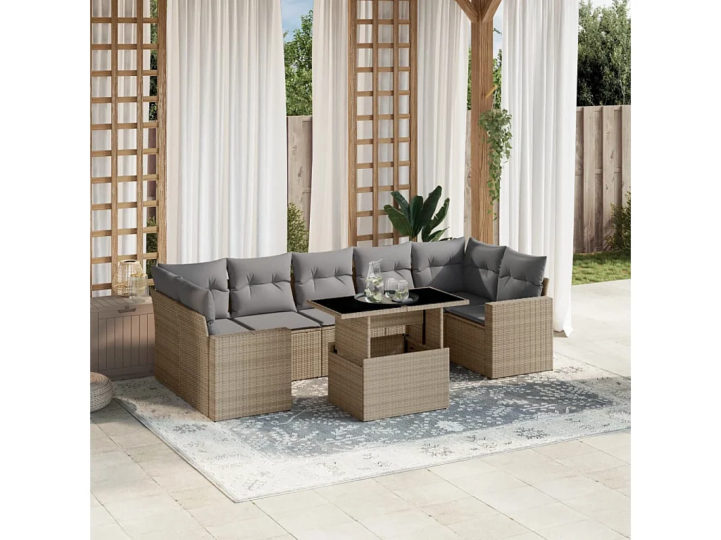 8-delige Loungeset met kussens poly rattan beige