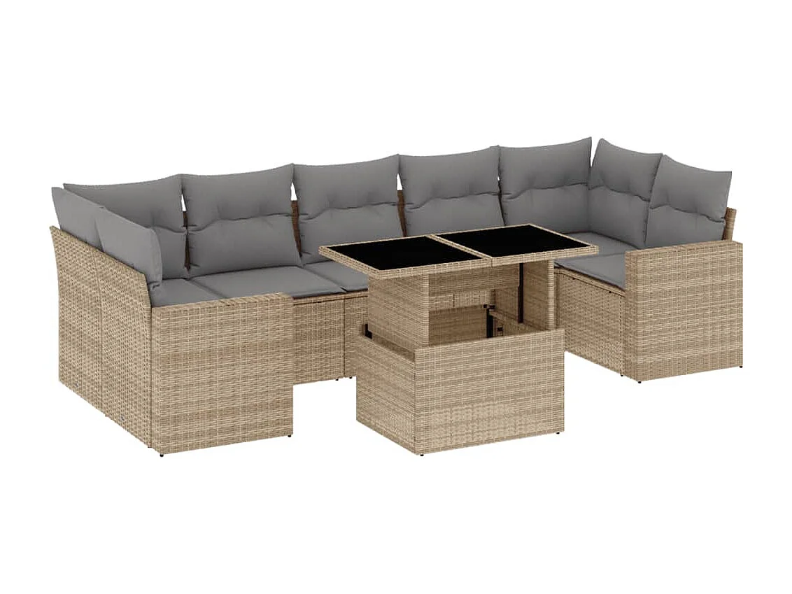 8-delige Loungeset met kussens poly rattan beige