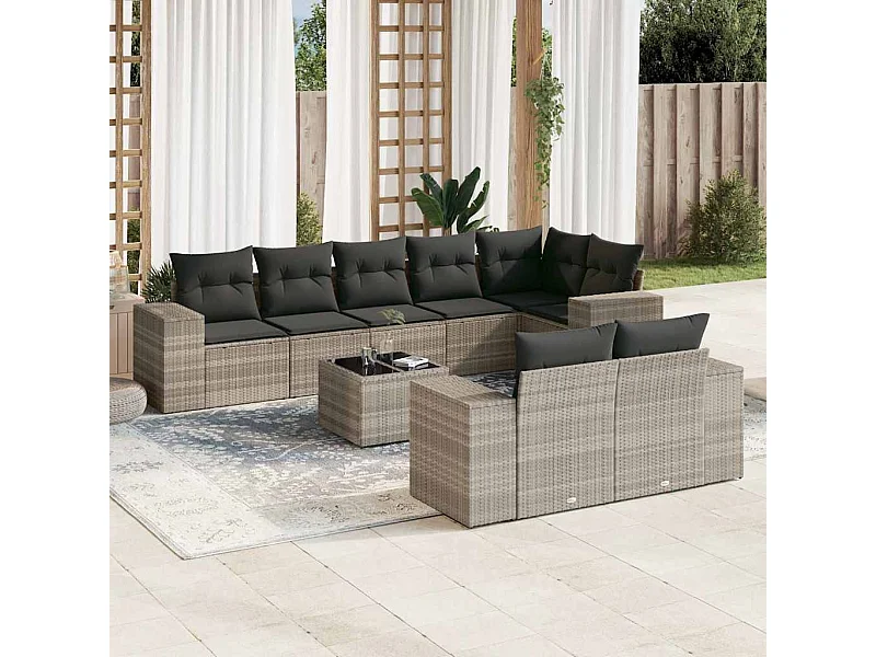 9-delige Loungeset met kussens poly rattan lichtgrijs