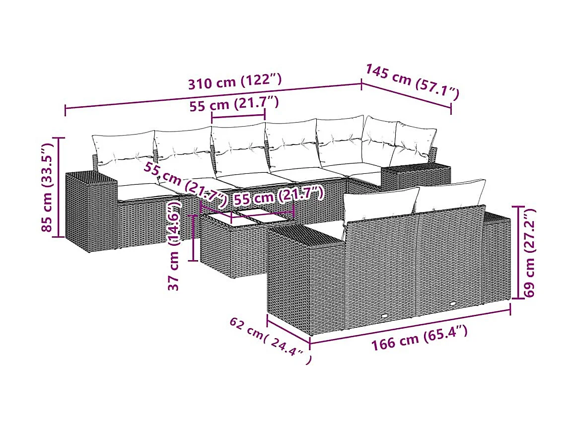 Salon de jardin 9 pièces avec coussins gris clair résine tressée