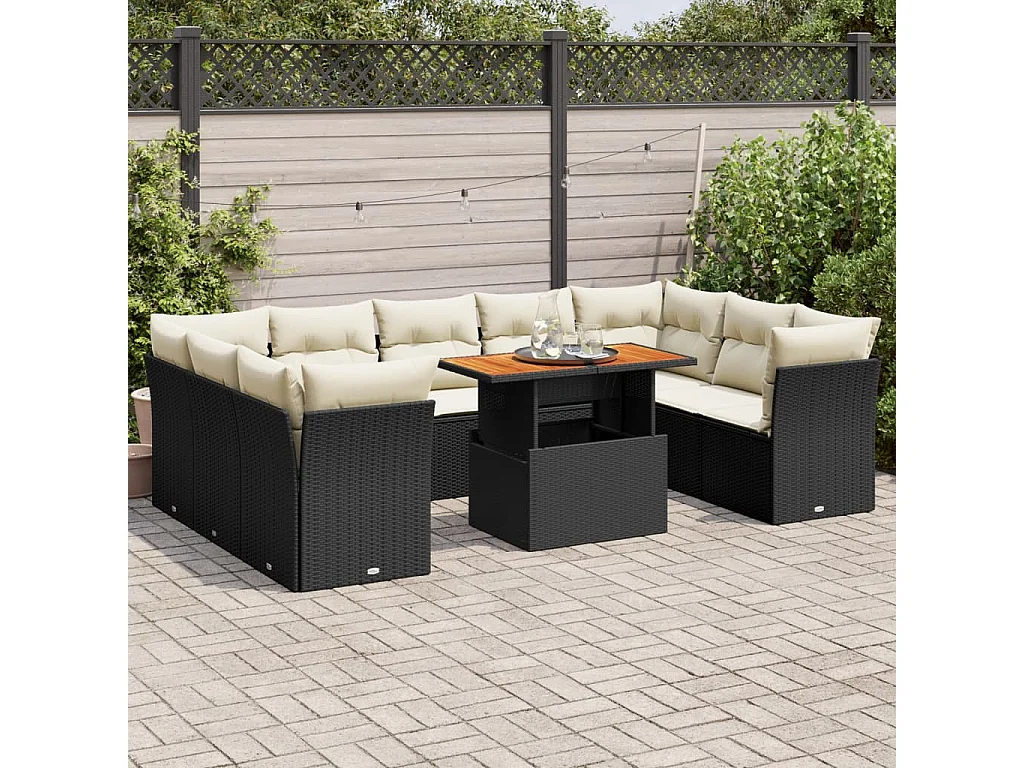 Salon de jardin 10 pièces avec coussins noir résine tressée