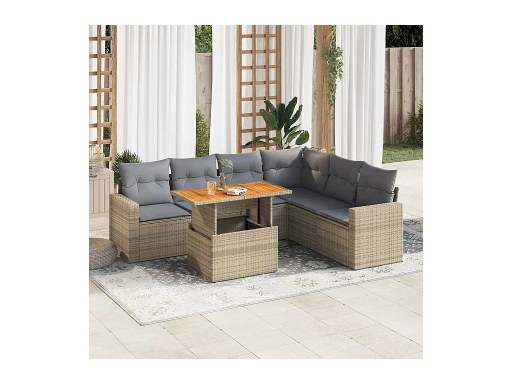 Salon de jardin avec coussins 7 pièces beige résine tressée