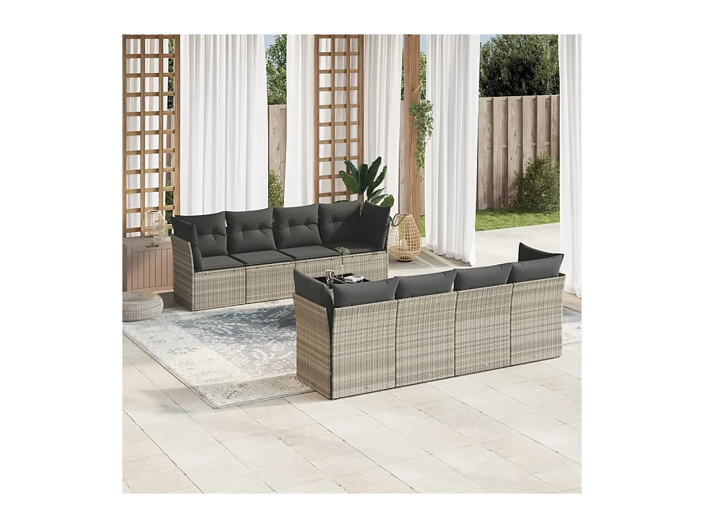 Set muebles jardín 9 piezas y cojines ratán sintético gris claro
