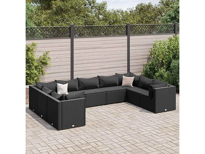 Set de muebles de jardín 9 piezas y cojines ratán sintético negro
