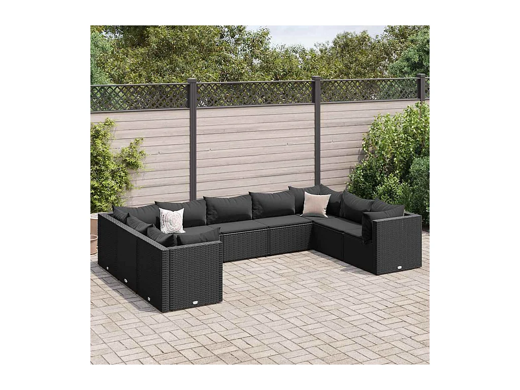 Salon de jardin 9 pièces avec coussins Noir Résine tressée