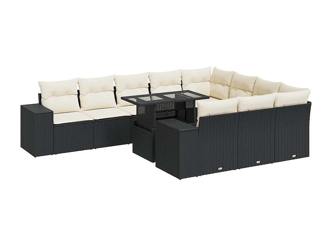 Set de sofás de jardín 11 piezas y cojines ratán sintético negro