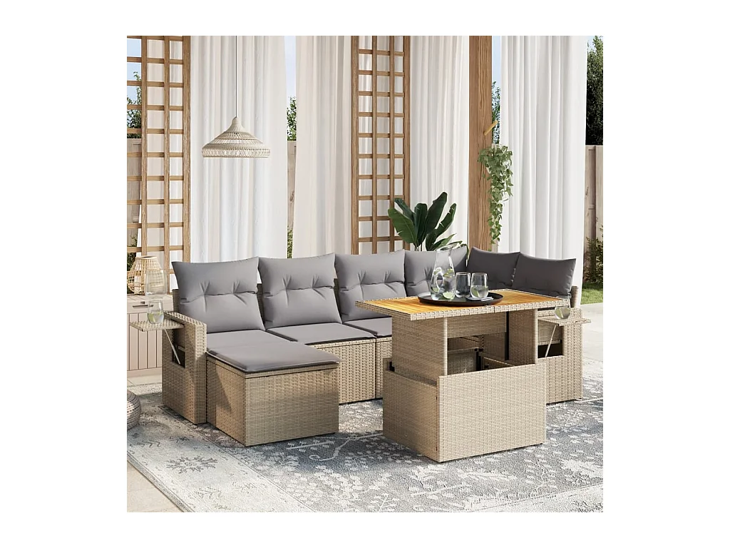 7-delige Loungeset met kussens poly rattan beige