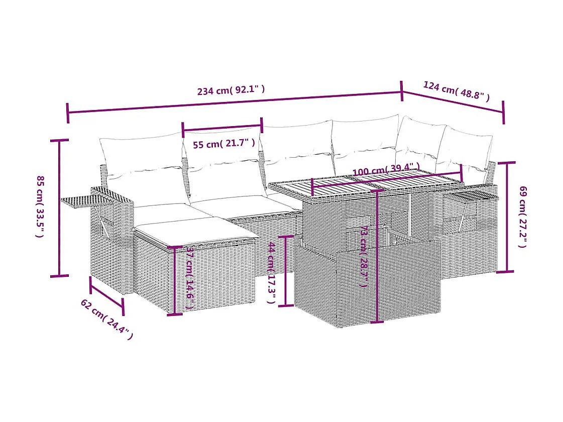 Salon de jardin avec coussins 7 pièces beige résine tressée