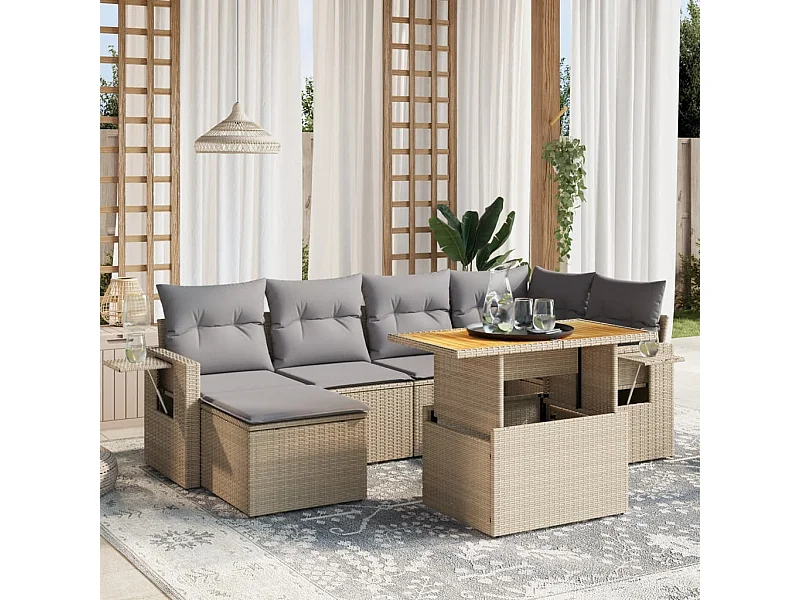 7 peças conjunto de sofás para jardim com almofadões vime PE bege