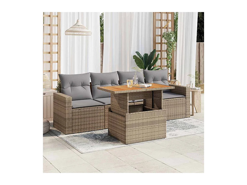 Salon de jardin avec coussins 5 pièces beige résine tressée