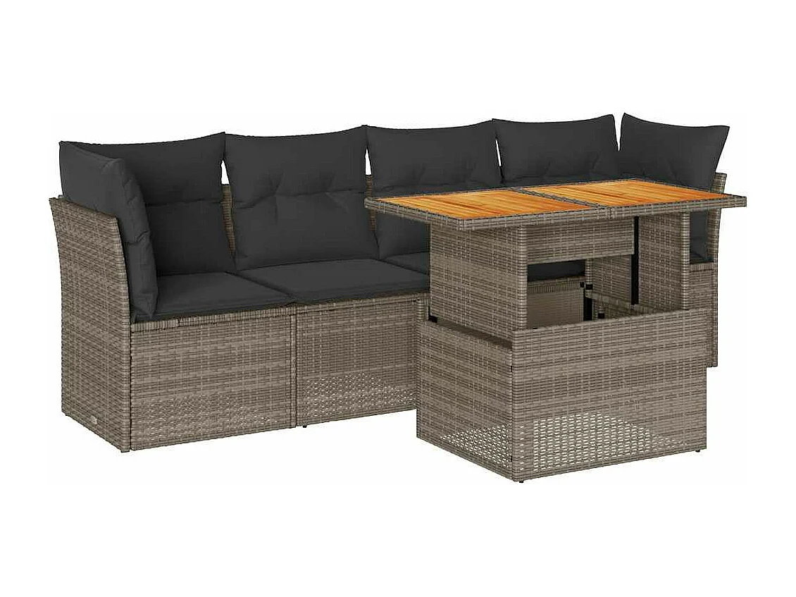 5 peças conjunto sofás de jardim com almofadões vime PE cinzento