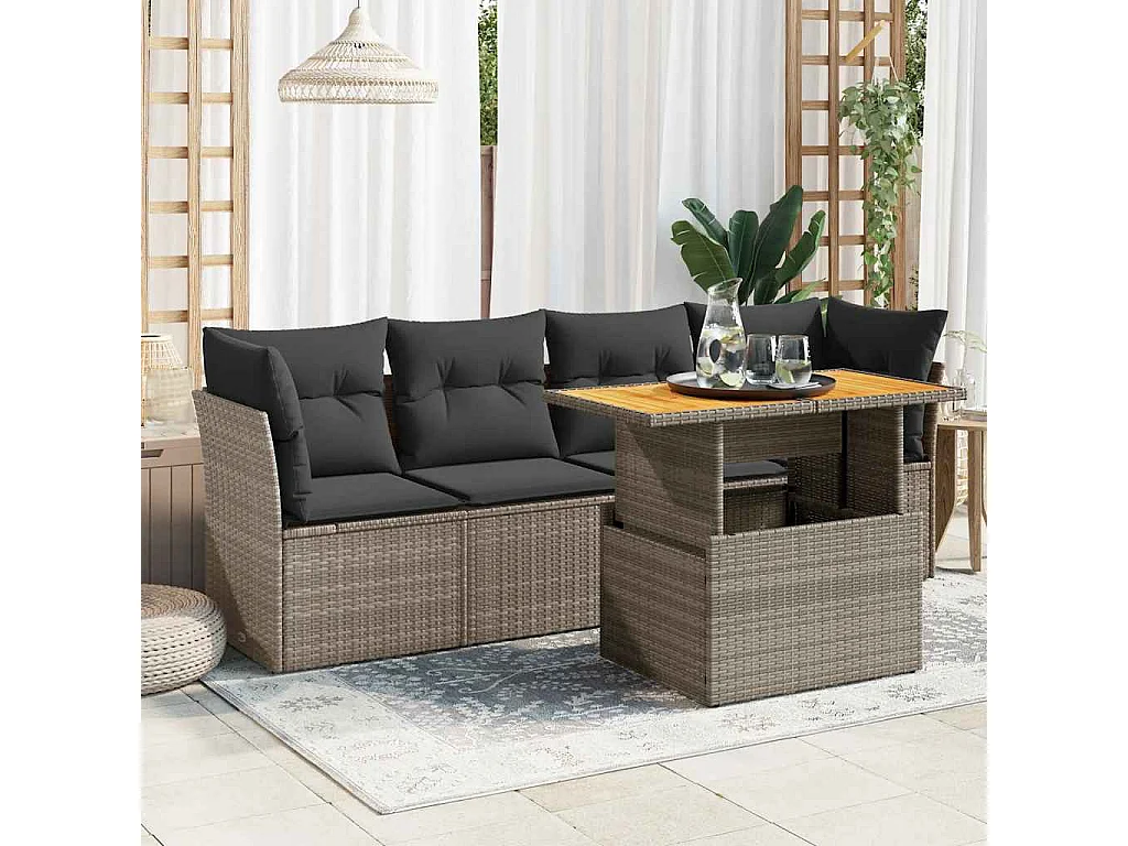 Salon de jardin 5 pièces avec coussins gris résine tressée