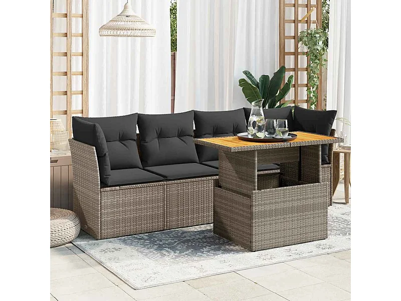 Salon de jardin 5 pièces avec coussins gris résine tressée