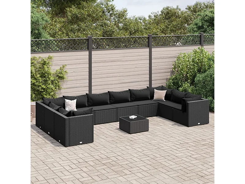 11 peças conjunto lounge de jardim com almofadões vime PE preto