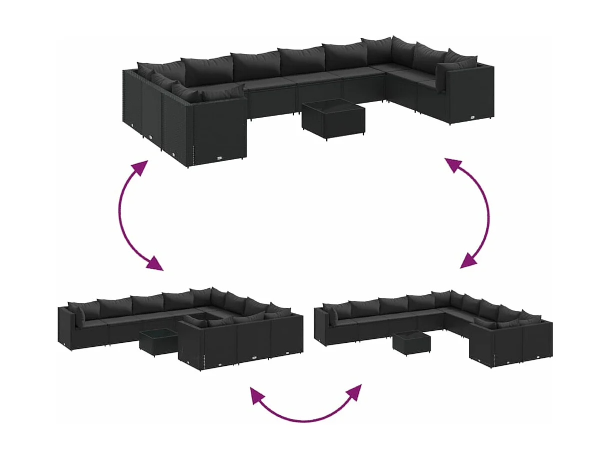 11 peças conjunto lounge de jardim com almofadões vime PE preto