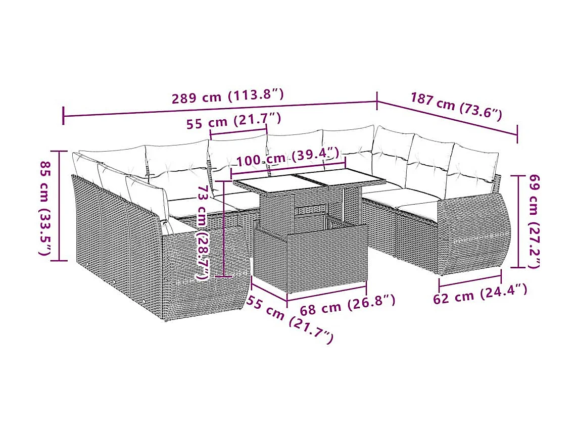 10-delige Loungeset met kussens poly rattan beige