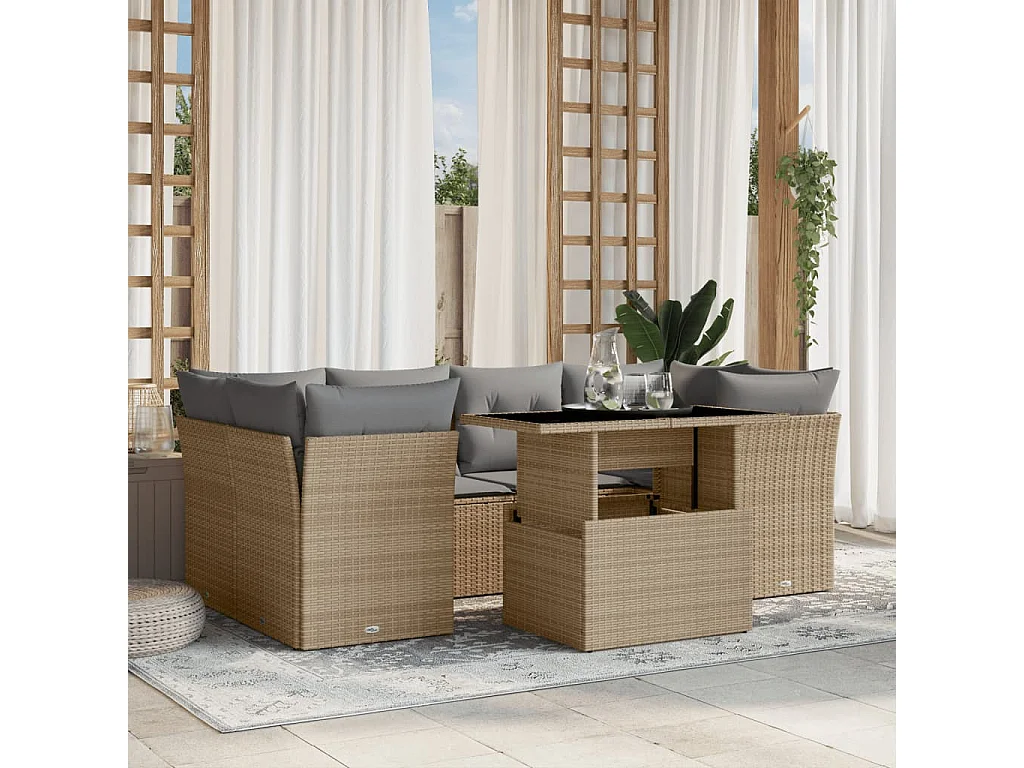 Salon de jardin avec coussins 7 pièces beige résine tressée