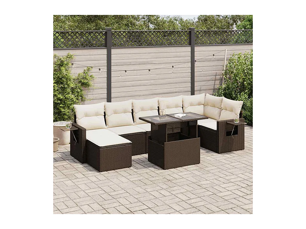 Salon de jardin 8 pièces avec coussins marron résine tressée