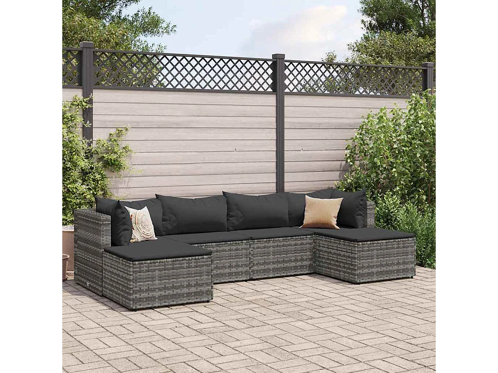 6 peças conjunto lounge de jardim com almofadões vime PE cinzento