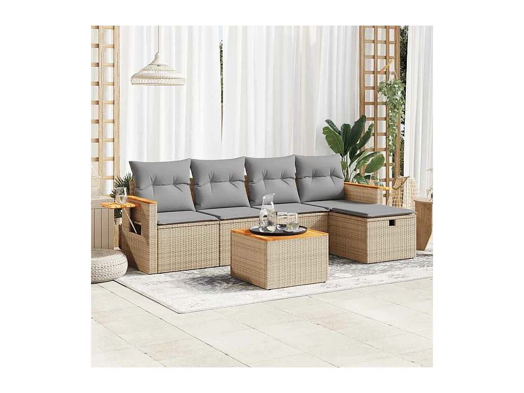 6-delige Loungeset met kussens poly rattan beige