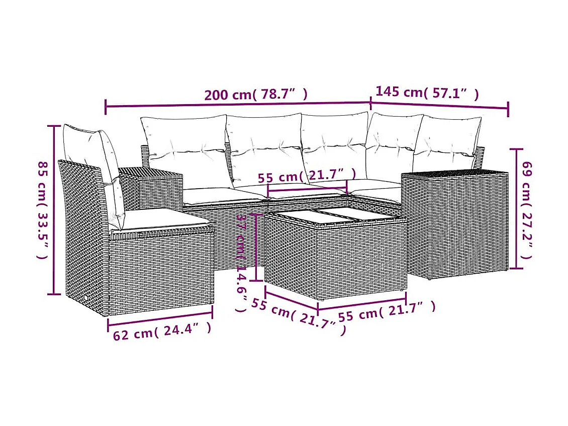 Salon de jardin 6 pièces avec coussins gris clair résine tressée