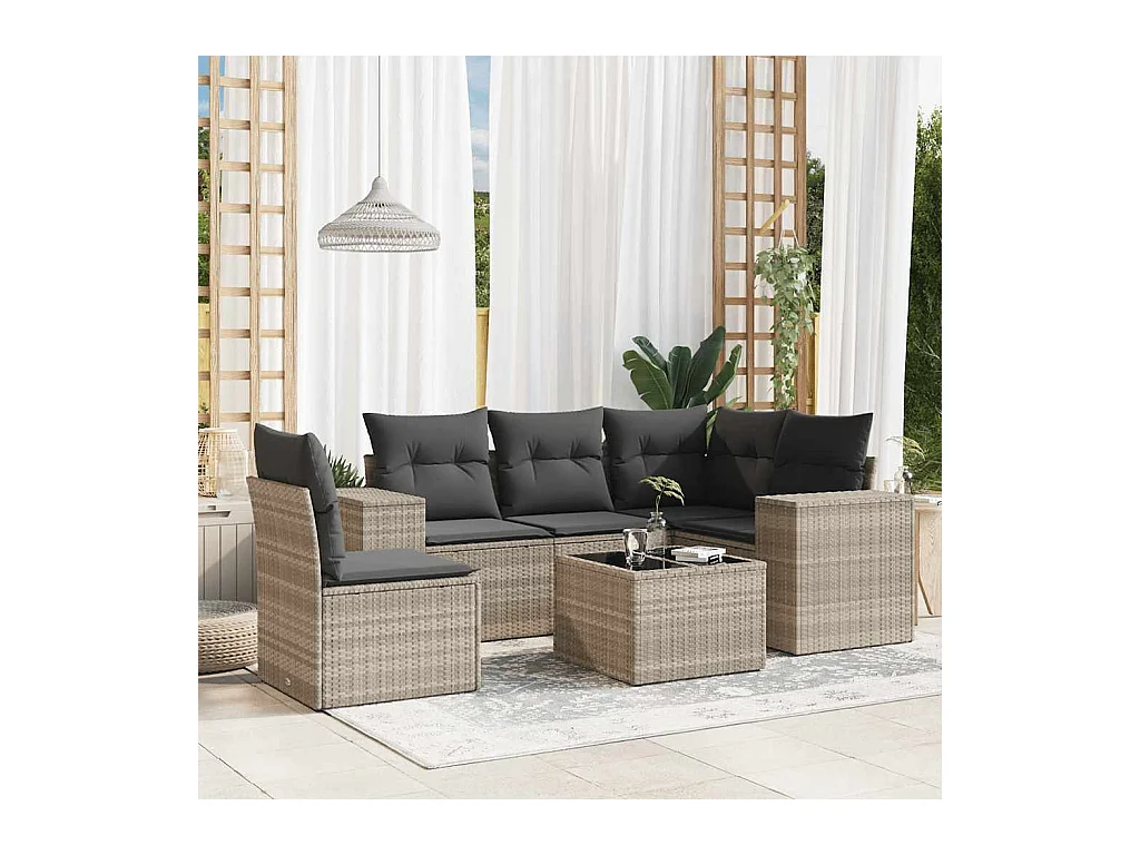 Salon de jardin 6 pièces avec coussins gris clair résine tressée
