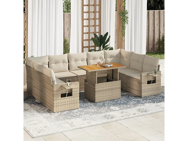 10 peças conjunto de sofás para jardim com almofadões vime PE bege