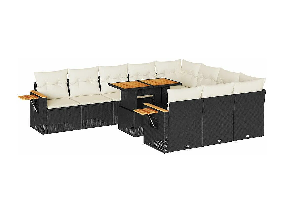 Salon de jardin 10 pièces avec coussins noir résine tressée acacia