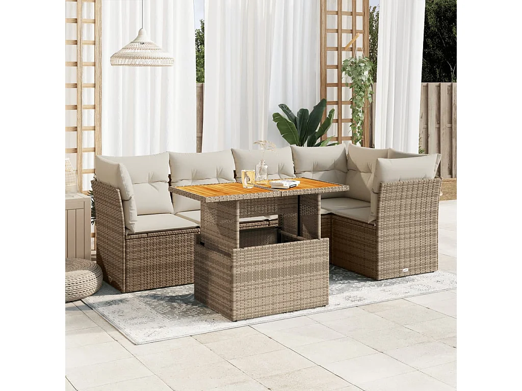 6-delige Loungeset met kussens poly rattan beige