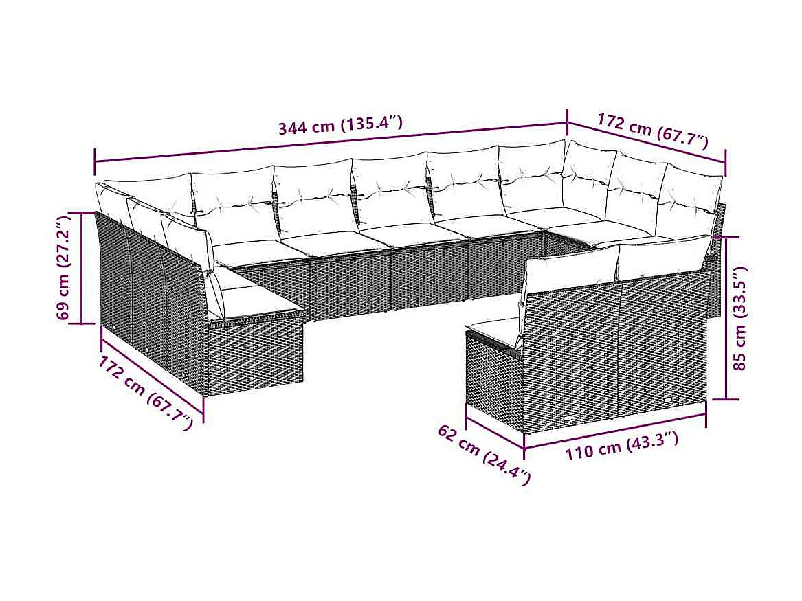 12 peças conj. sofás jardim com almofadões vime PE cinzento-claro
