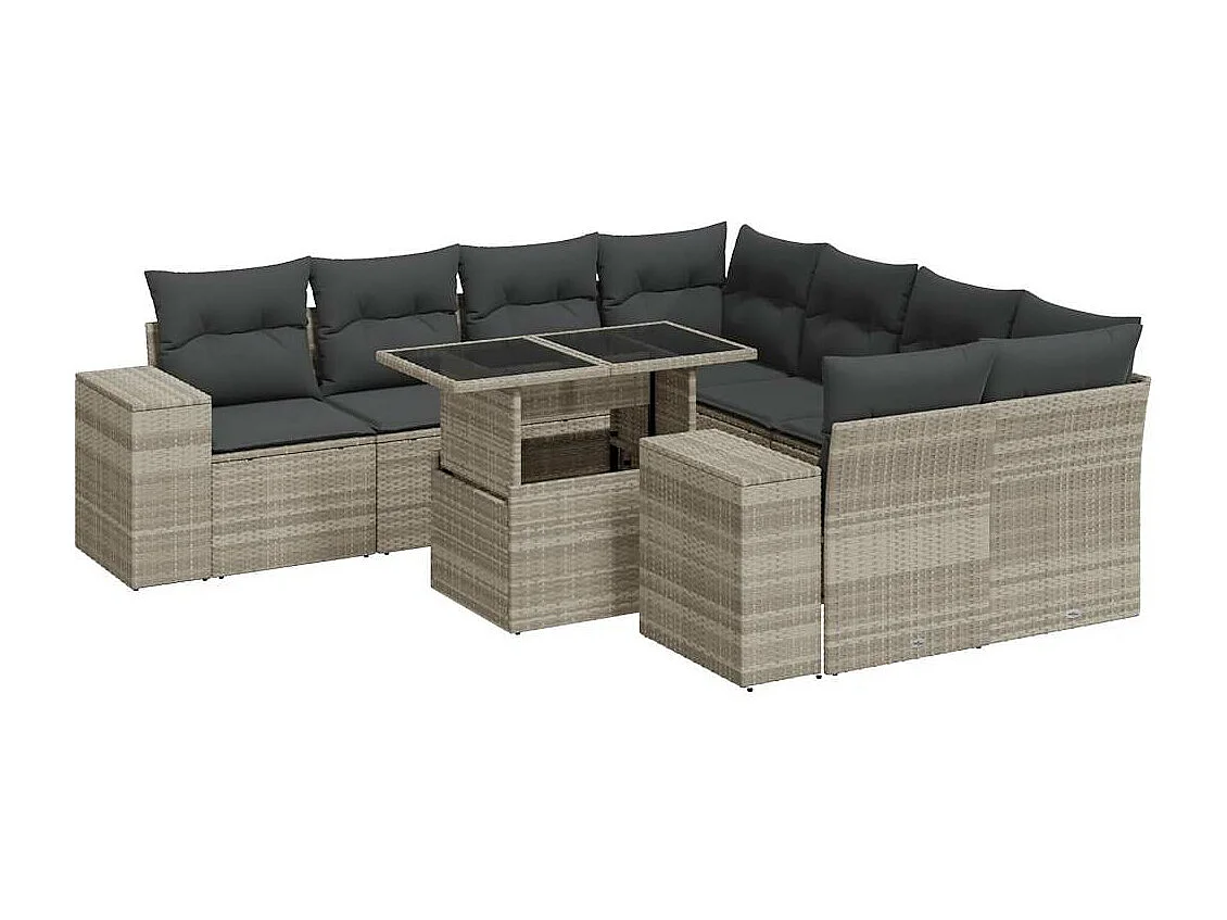 Salon de jardin 9 pièces avec coussins gris clair résine tressée