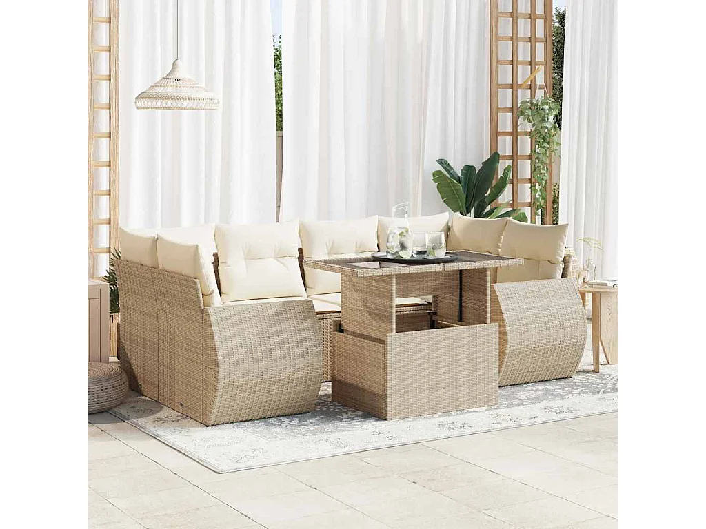 Salon de jardin avec coussins 7 pièces beige résine tressée