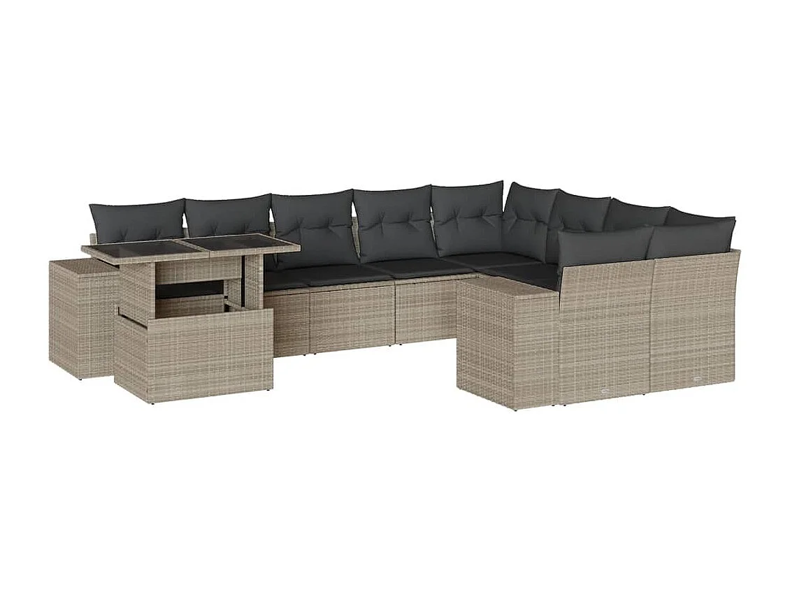 10 peças conj. sofás jardim com almofadões vime PE cinzento-claro