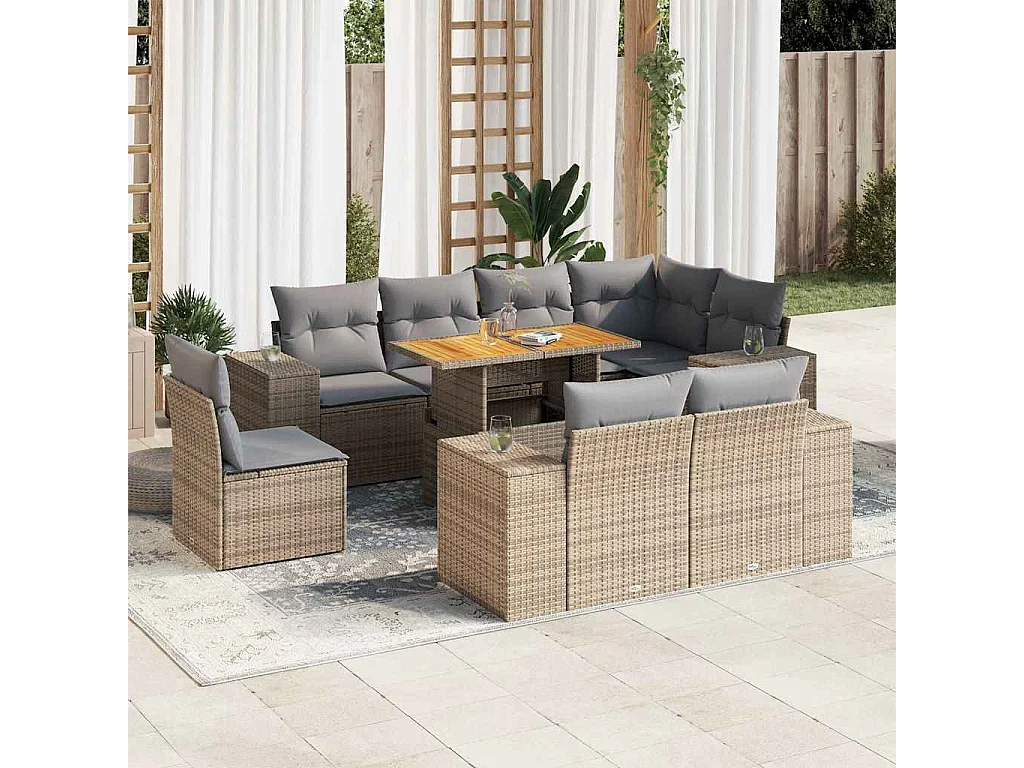 Set de sofás de jardín con cojines 9 piezas ratán sintético beige