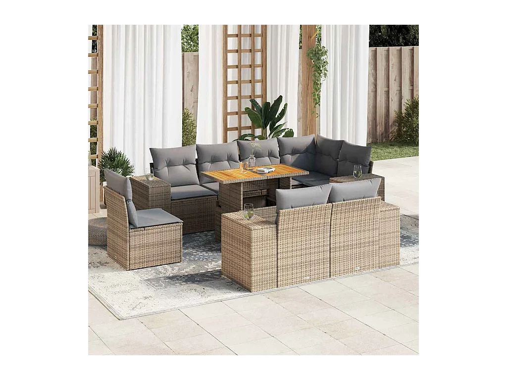 Salon de jardin avec coussins 9 pièces beige résine tressée