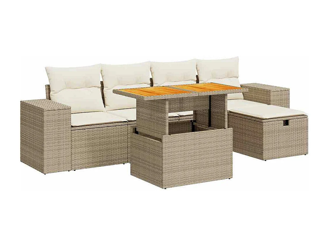6 peças conjunto sofás jardim com almofadões vime PE/acácia bege