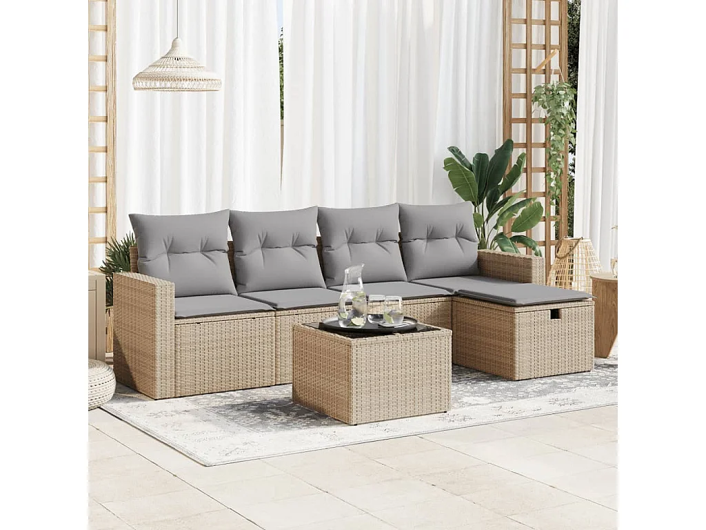 6-delige Loungeset met kussens poly rattan beige