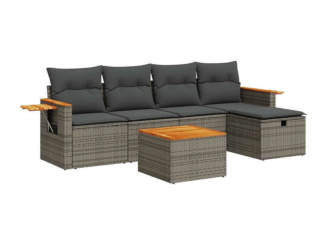 Set de muebles de jardín 6 piezas y cojines ratán sintético gris