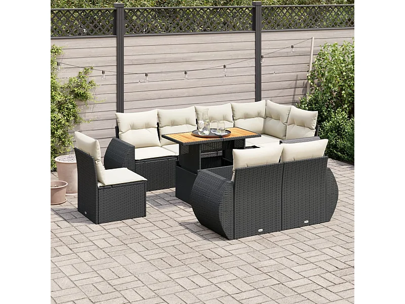 Set de sofás de jardín con cojines 9 piezas ratán sintético negro