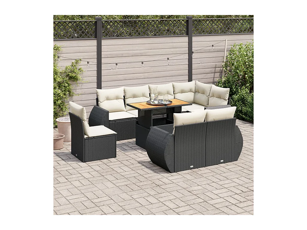 Set de sofás de jardín con cojines 9 piezas ratán sintético negro